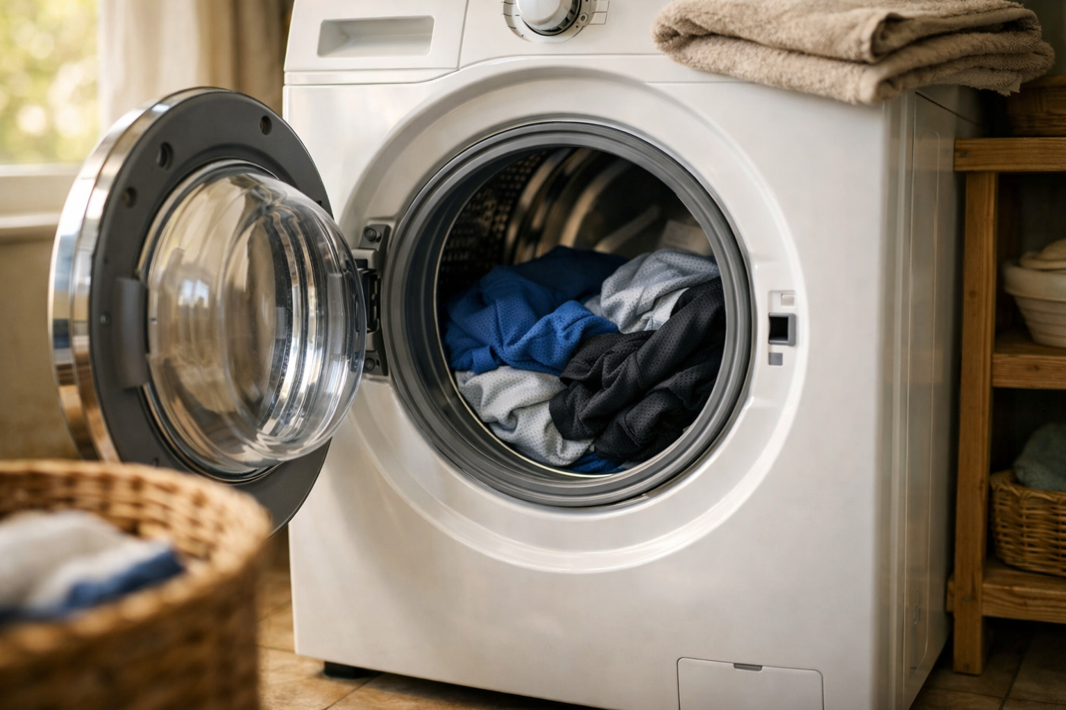 Polyester clothes inside washing machine drum