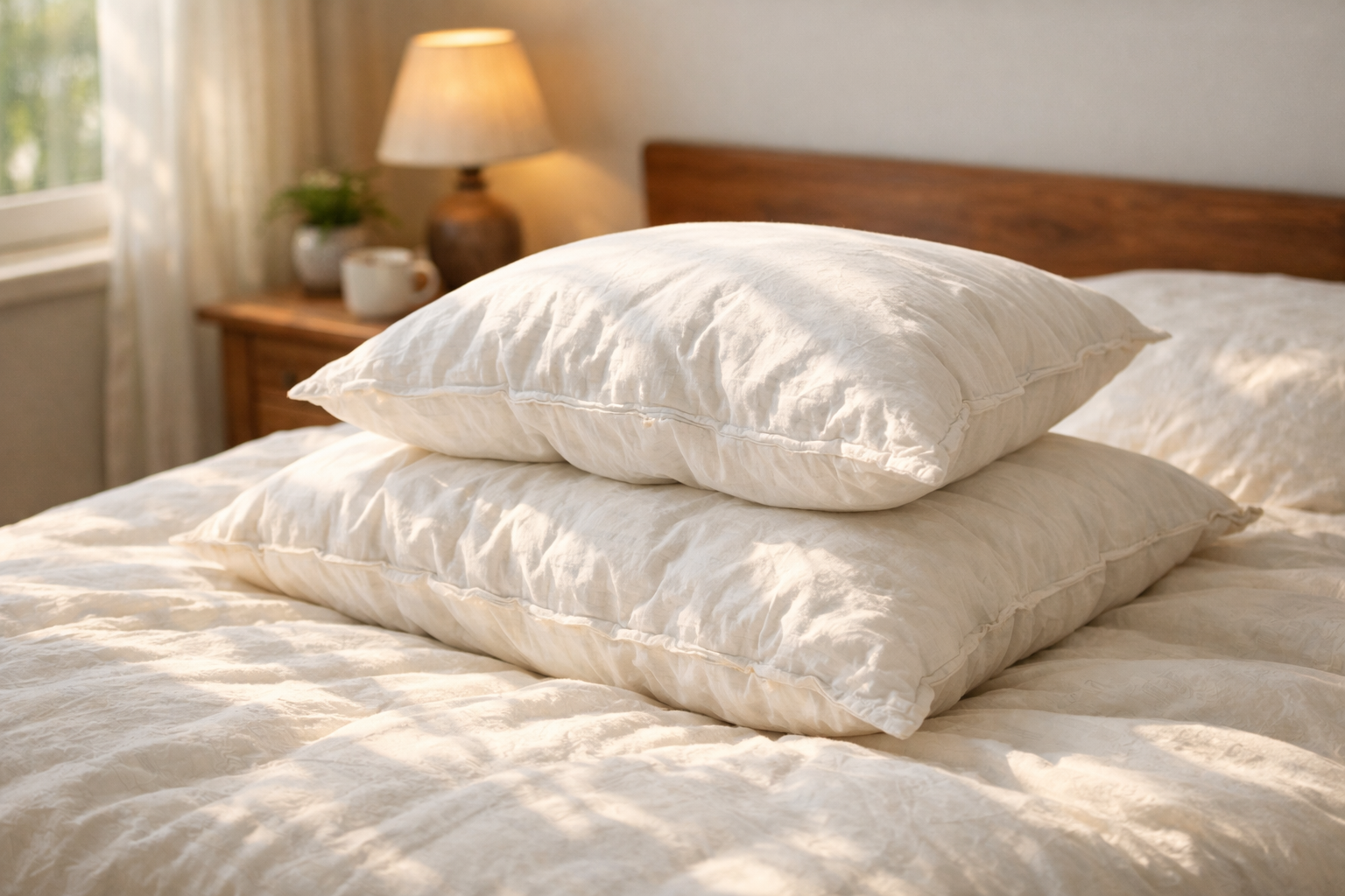 Fluffy feather pillows on a bed with warm morning sunlight