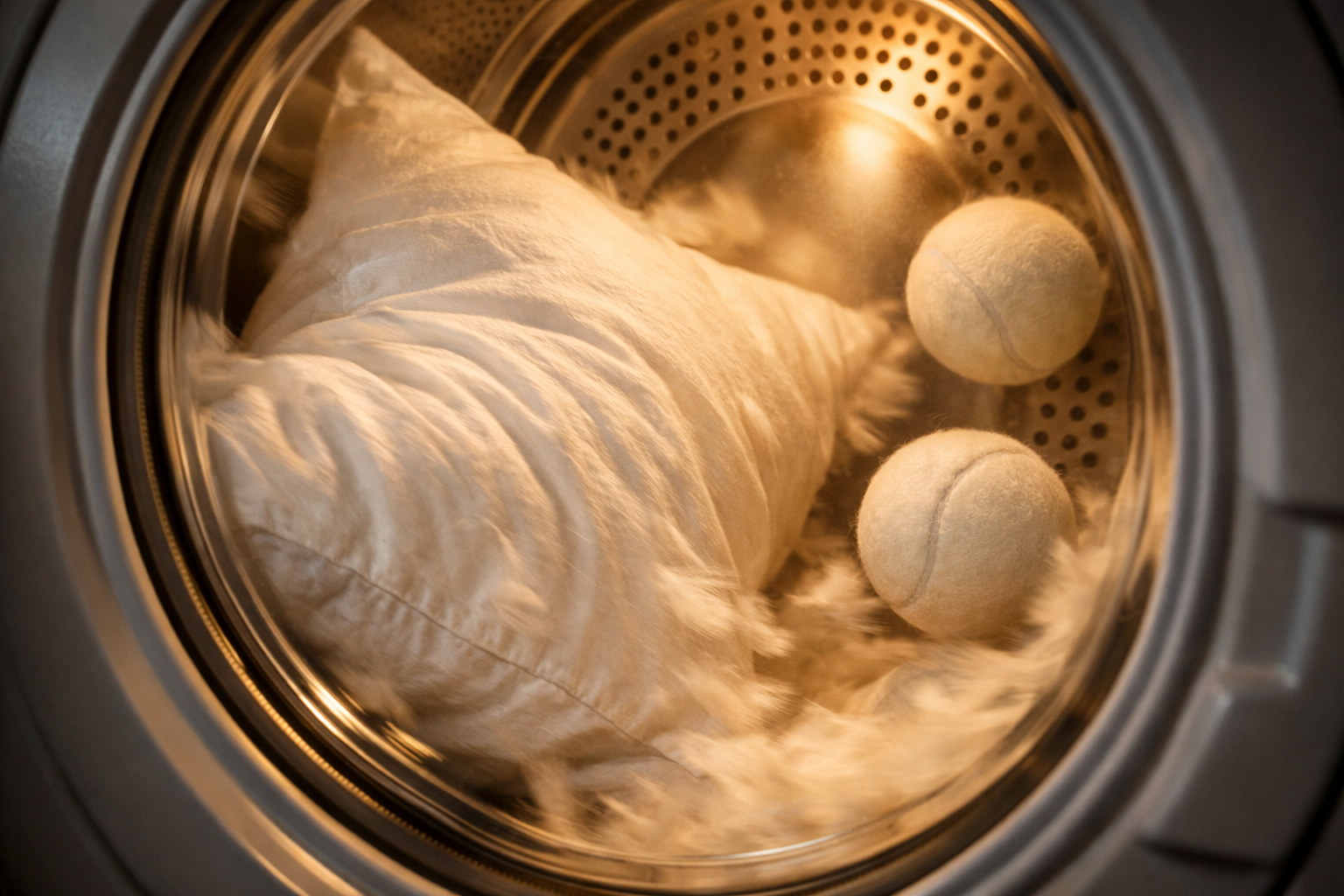 Feather pillow drying in a tumble dryer with tennis balls