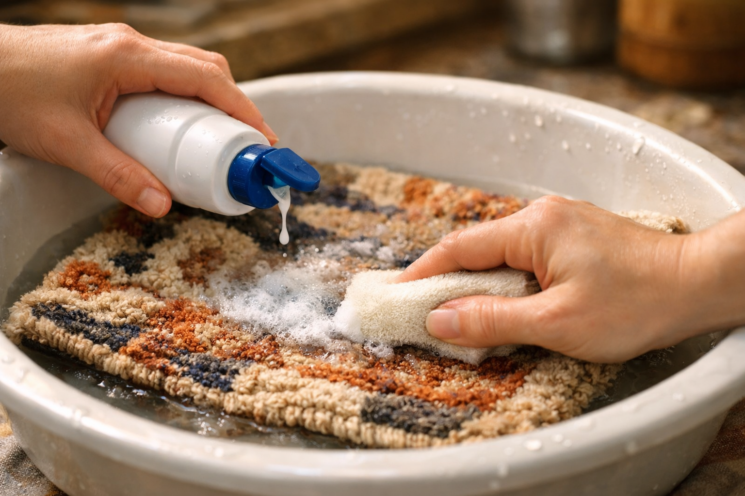Hands pre-treating a carpet with mild detergent solution