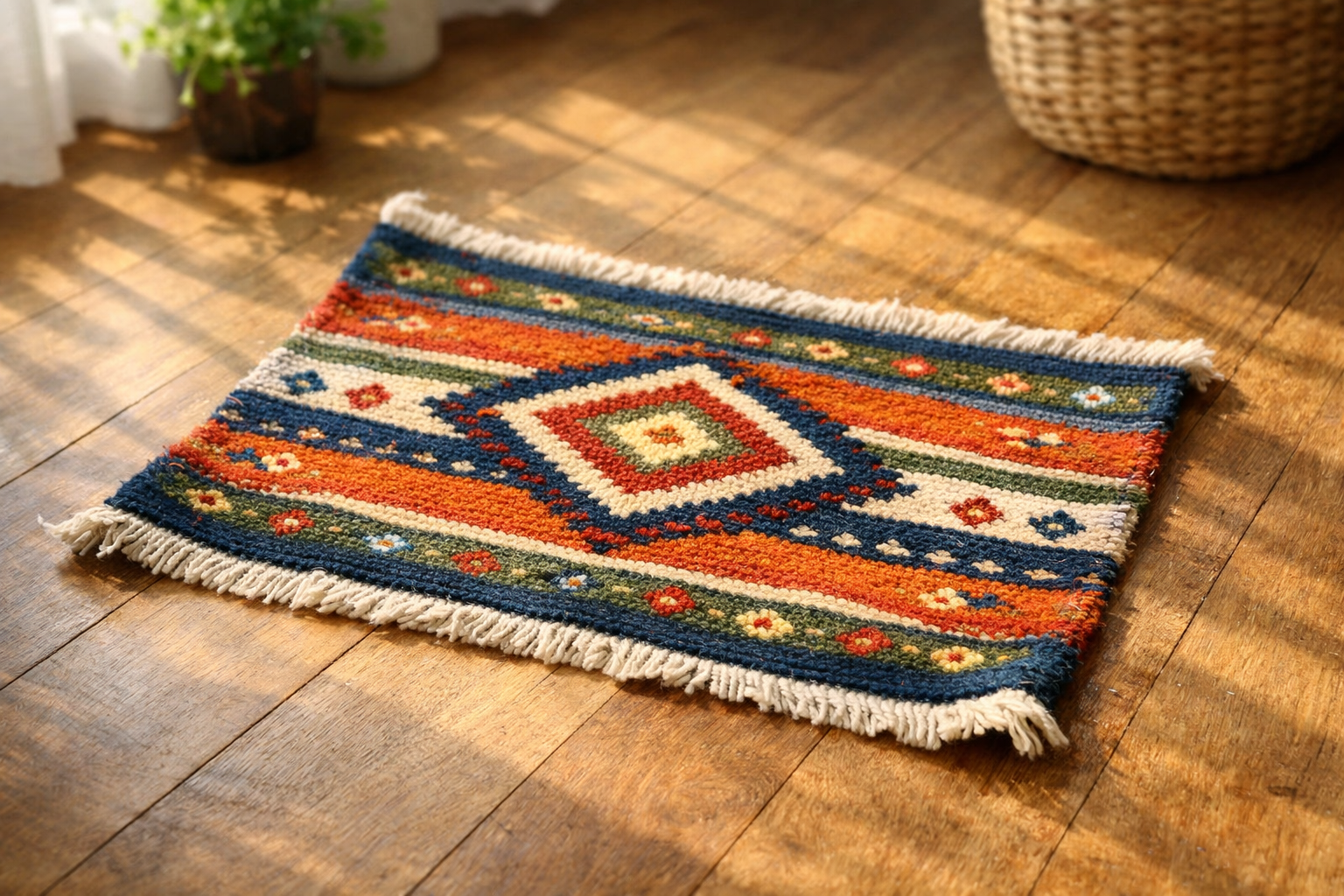 Freshly washed carpet laid flat to air dry on wooden floor