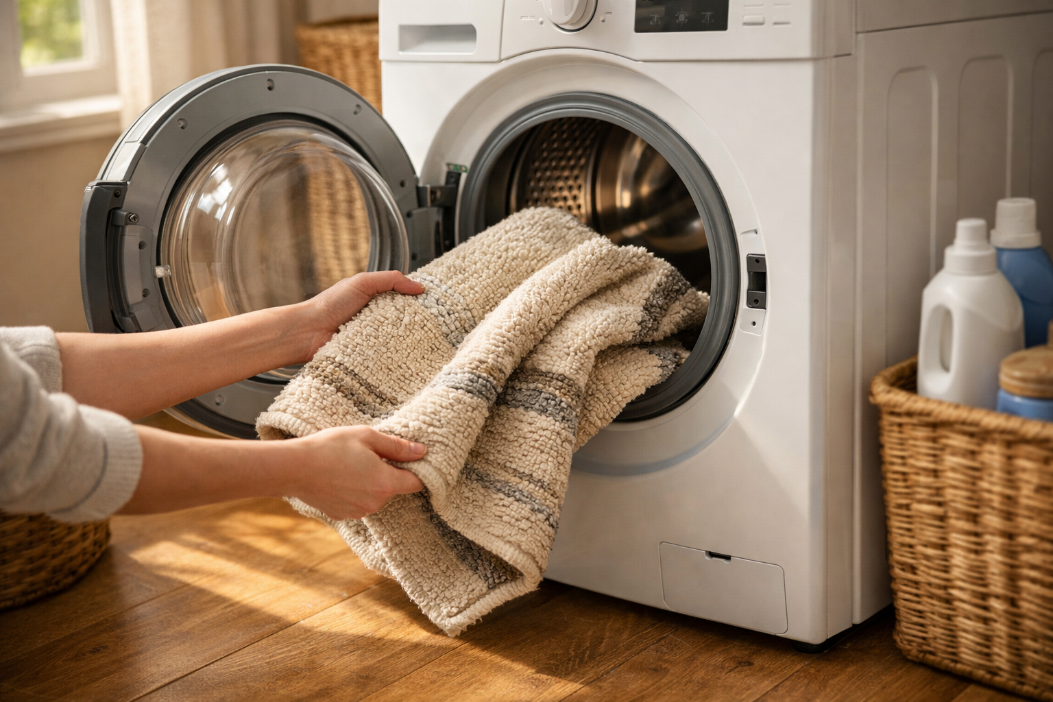 Small rug being placed into a front-loading washing machine