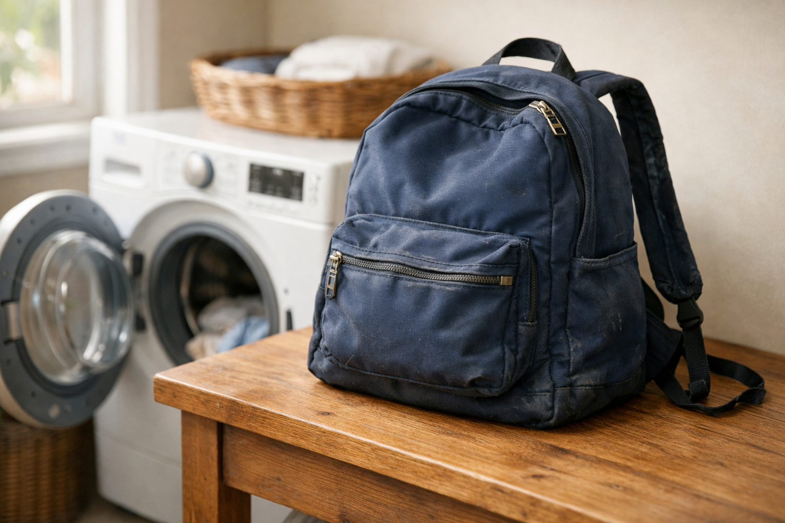 Backpack placed beside washing machine ready for cleaning