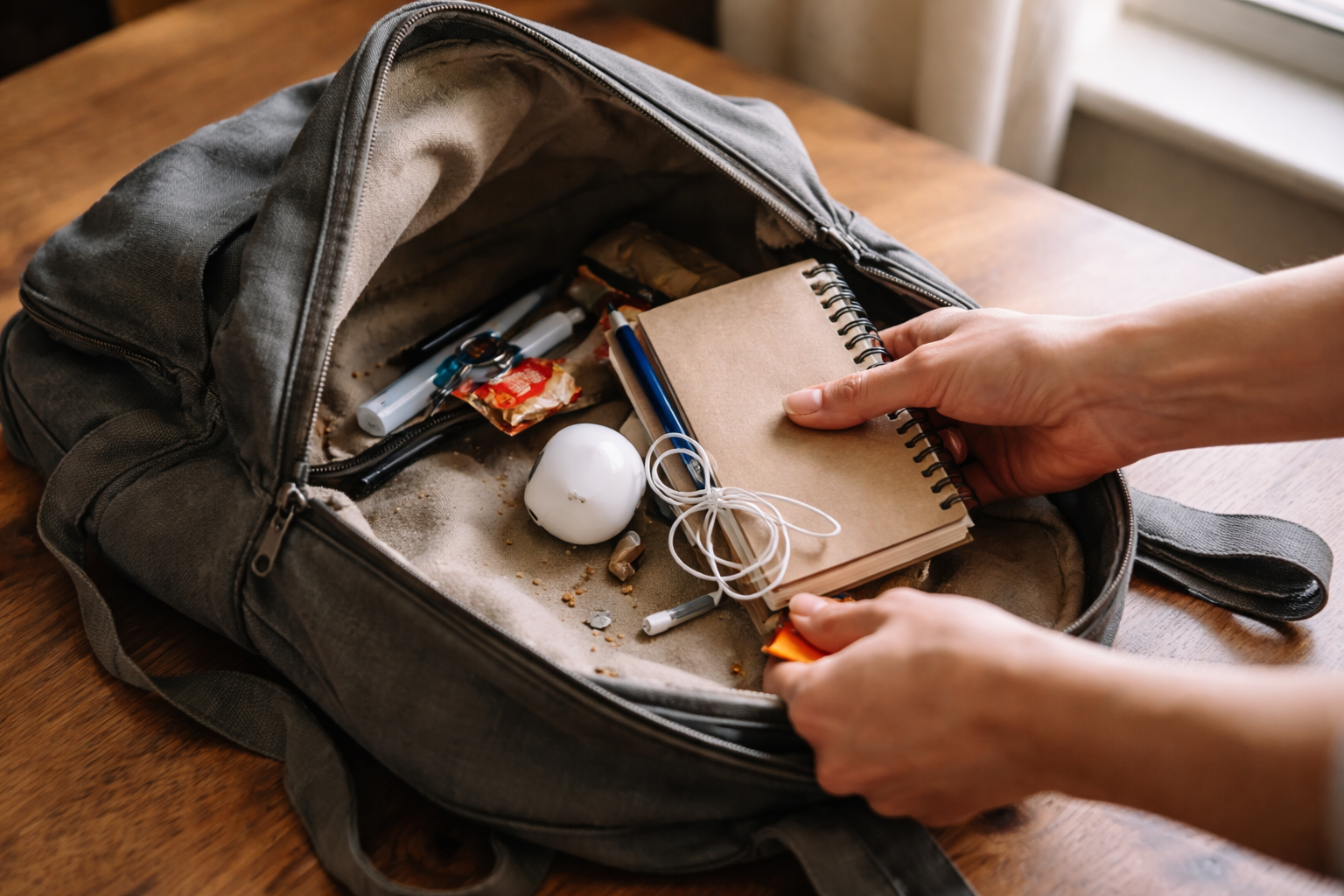 Emptying backpack pockets before washing in machine