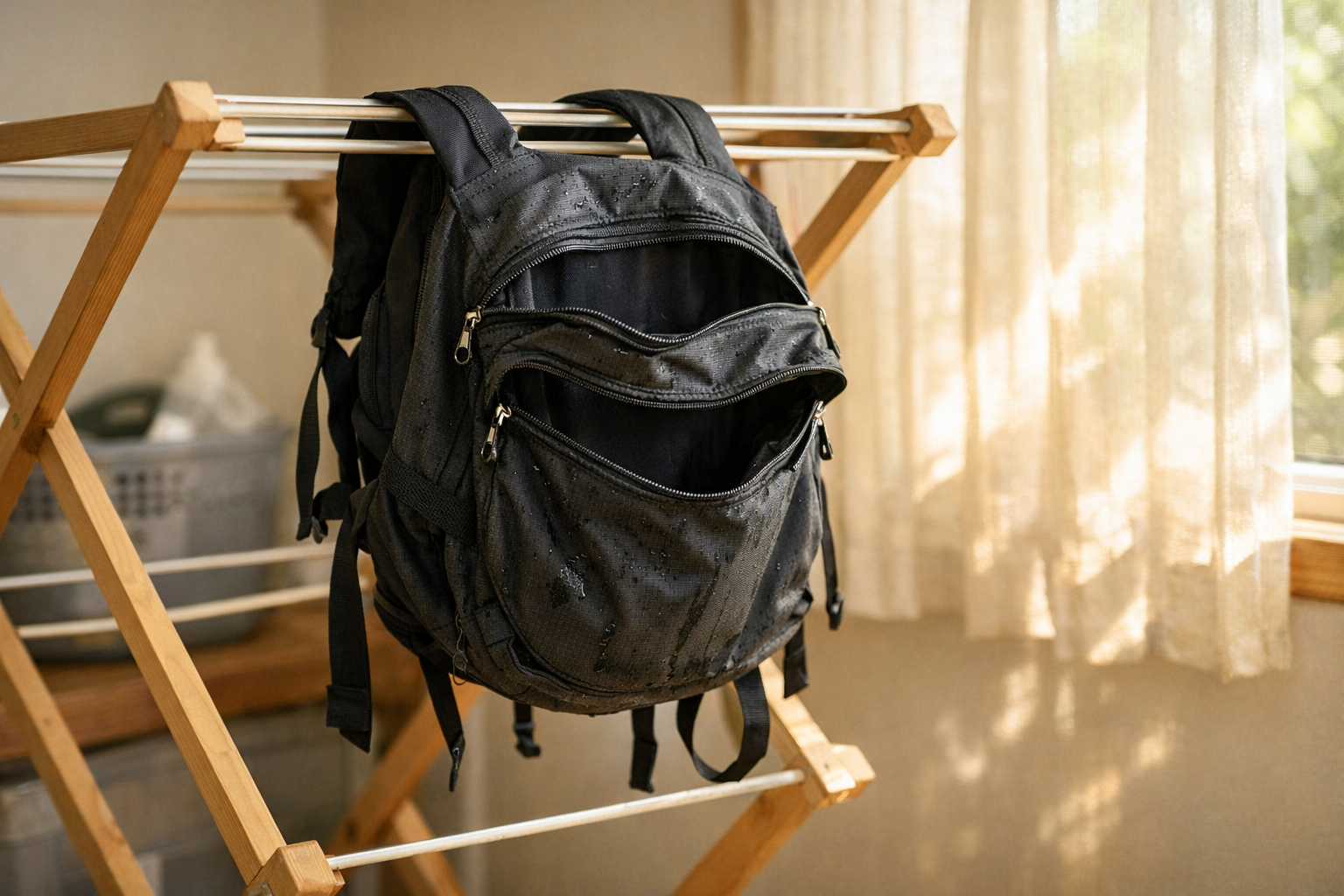 Backpack air drying after washing indoors