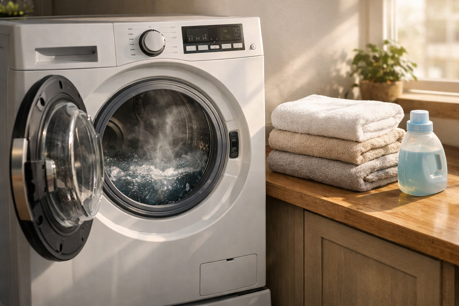 Front-loading washing machine heating water during laundry cycle