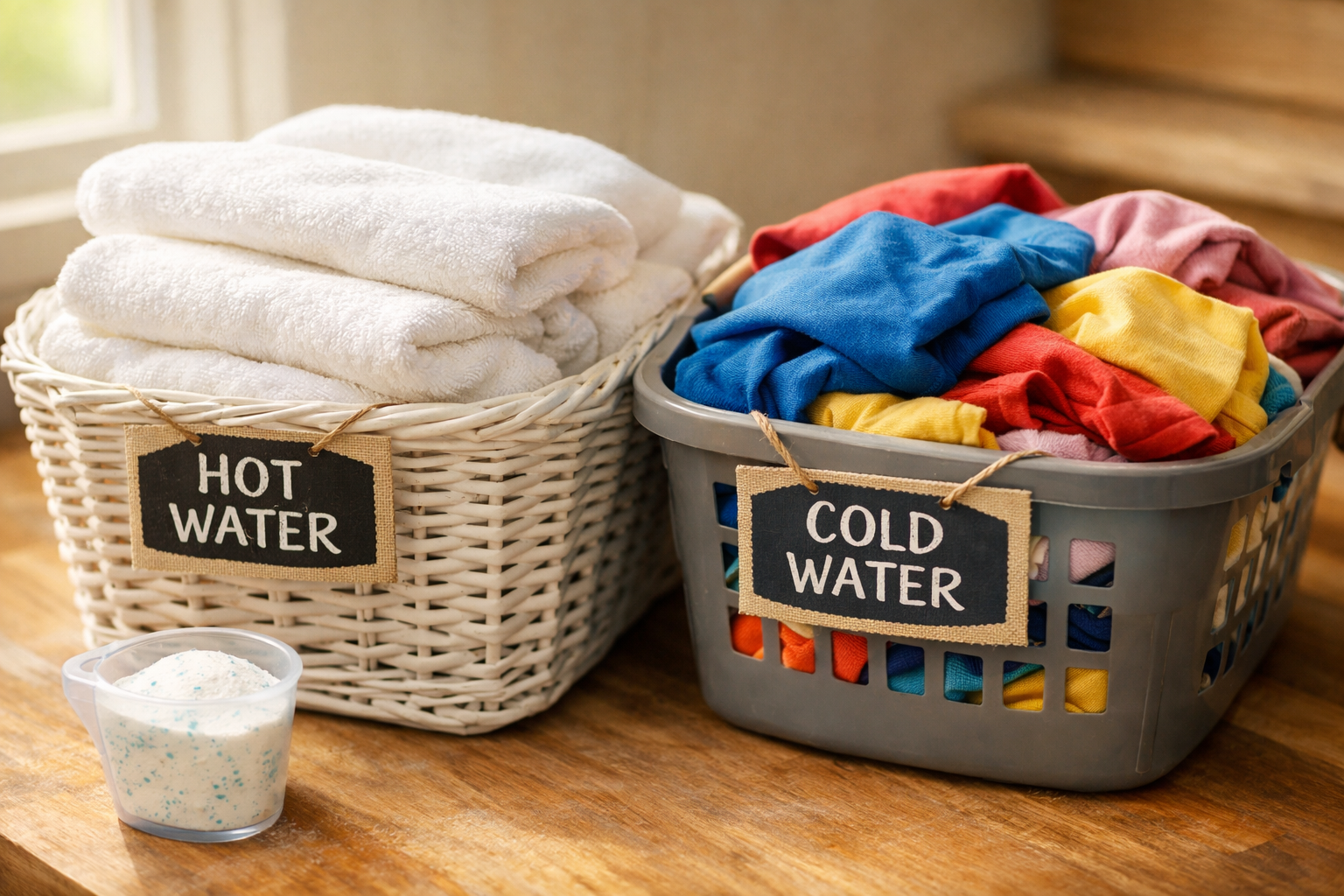 Laundry baskets showing hot and cold water clothing separation