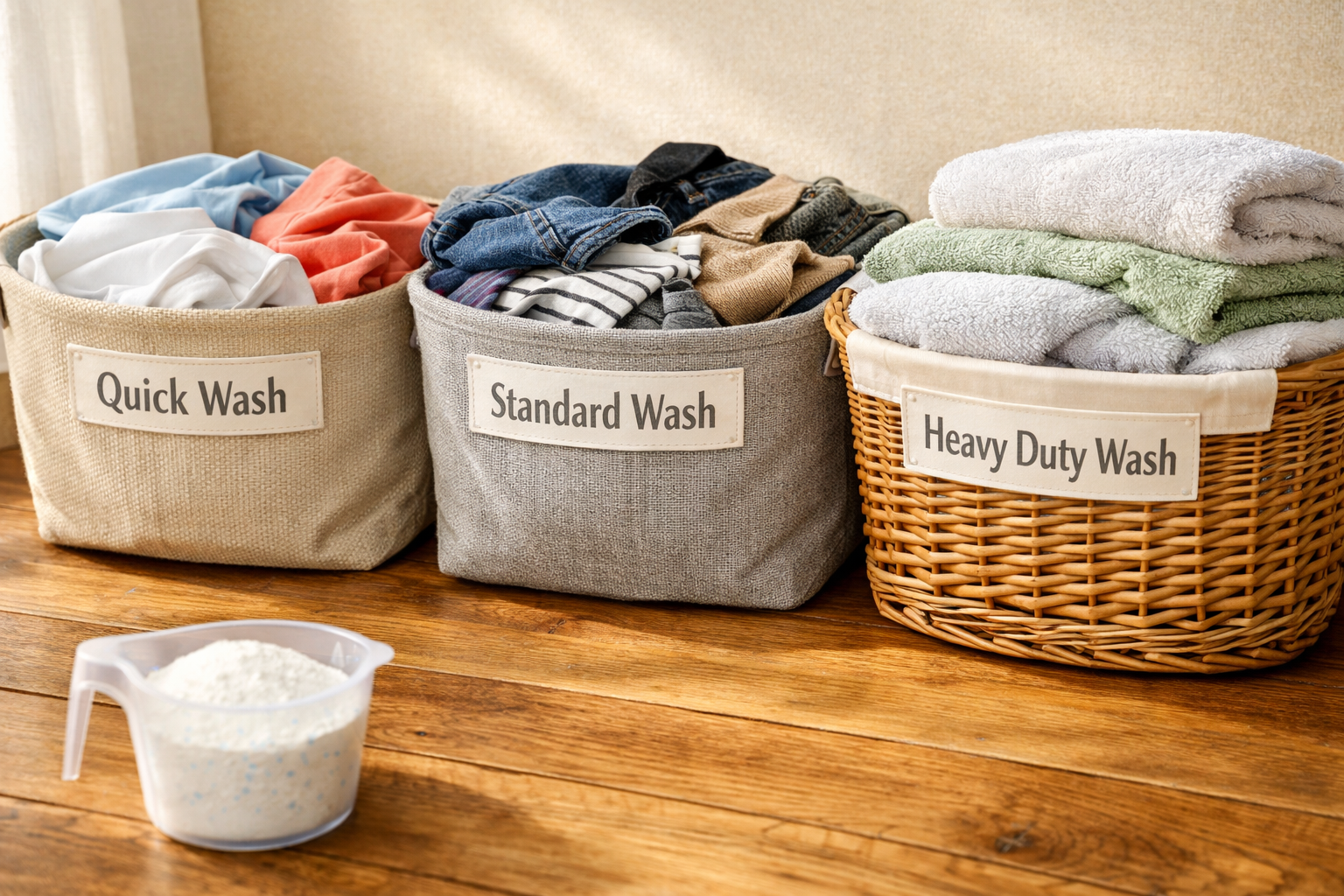 Three laundry baskets showing quick, standard, and heavy-duty loads
