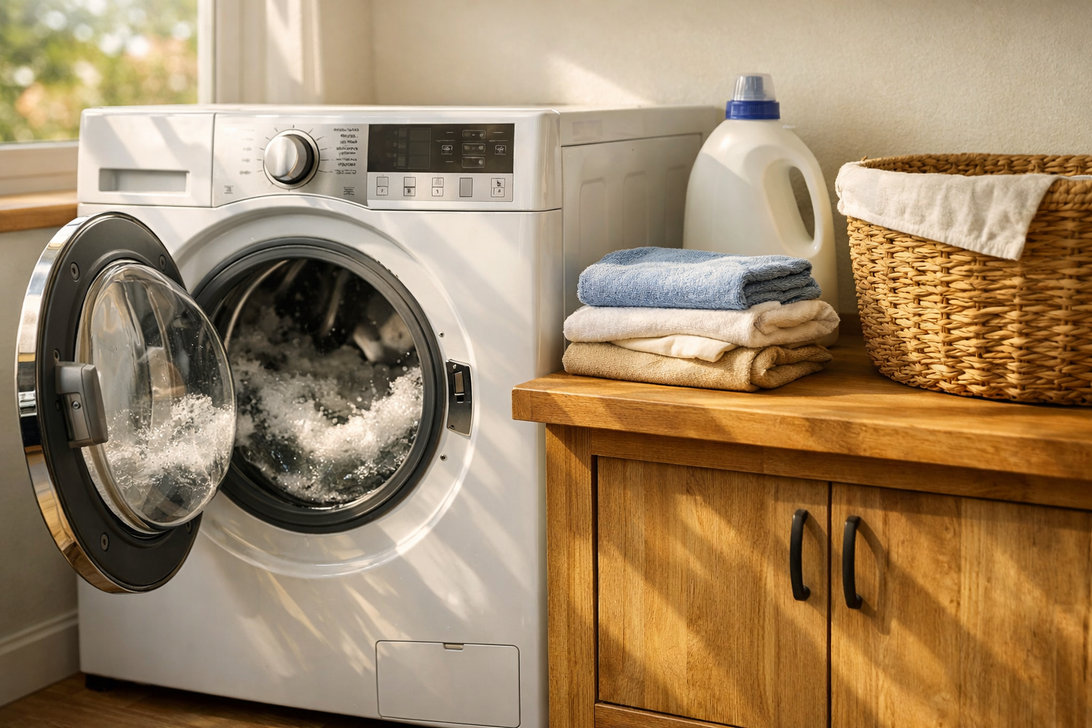 Front-loading washing machine mid-cycle with clothes inside