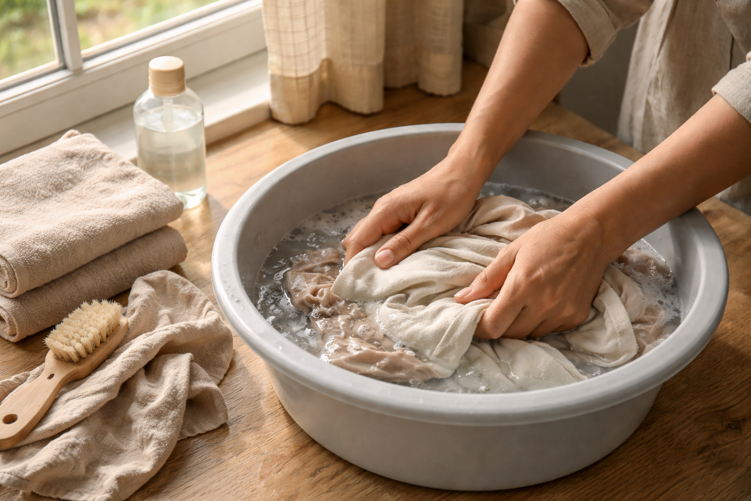 hand washing clothes in basin without a washing machine