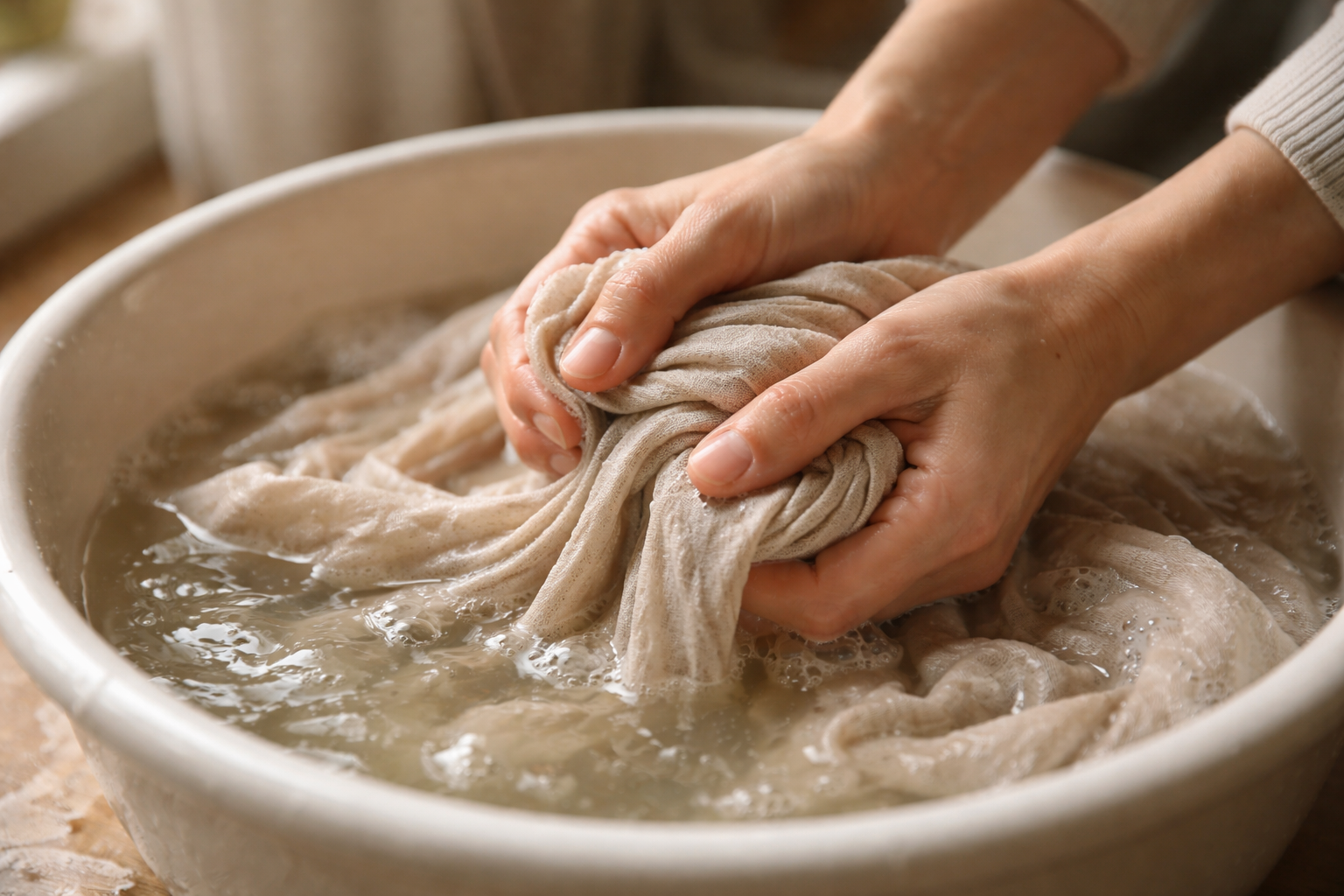 gently scrubbing clothes by hand in water