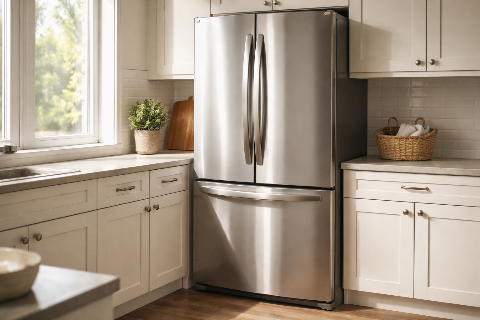 modern refrigerator in kitchen showing appliance and surroundings naturally