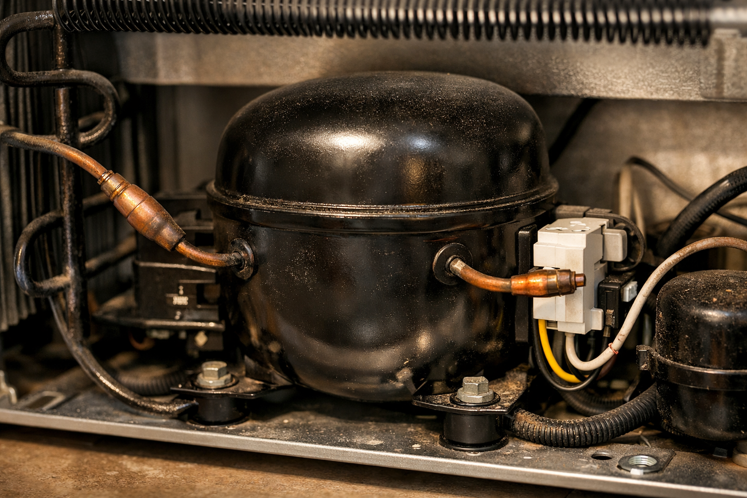 close-up of refrigerator compressor with coils and pipes visible