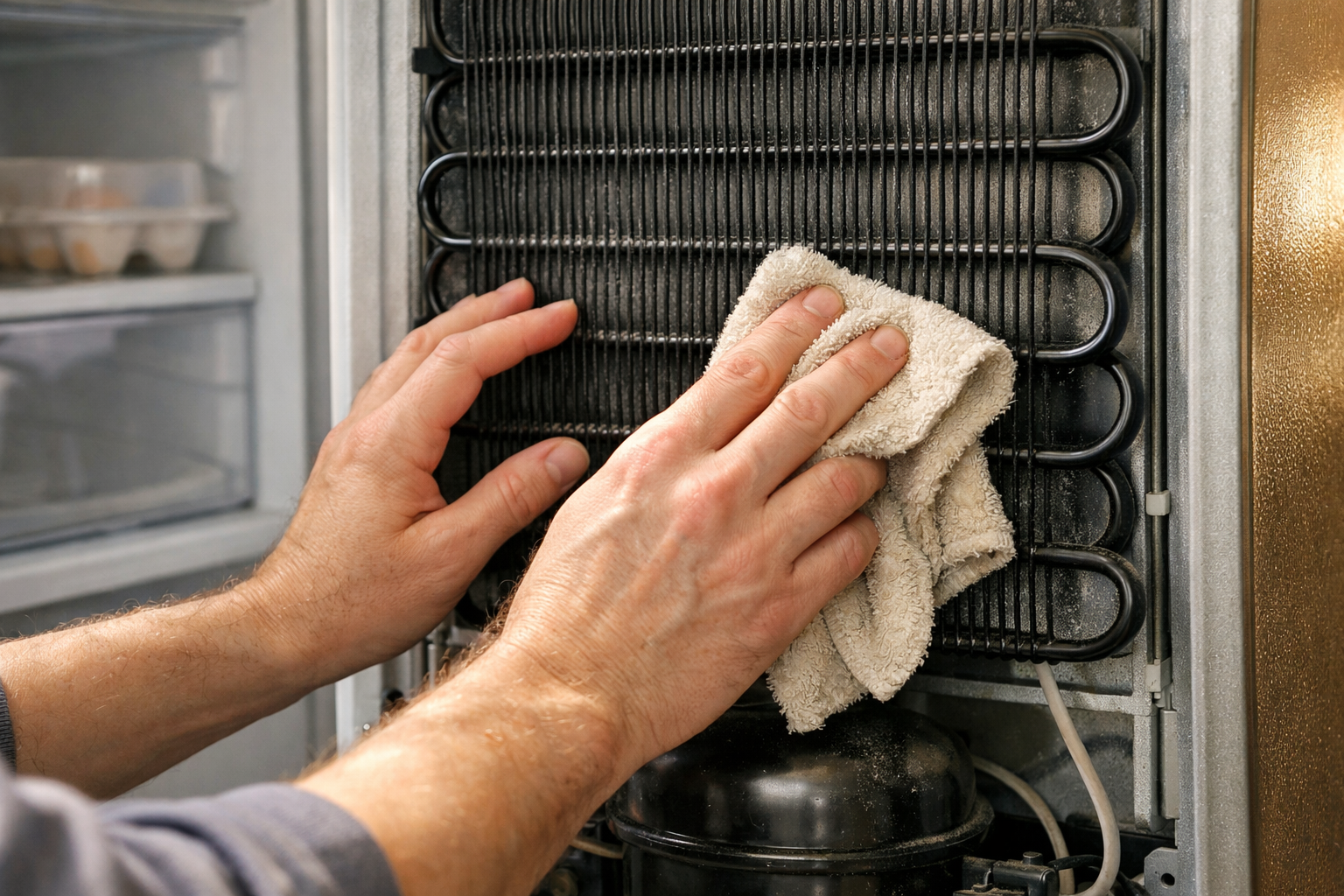 hands cleaning refrigerator condenser coils for maintenance at home