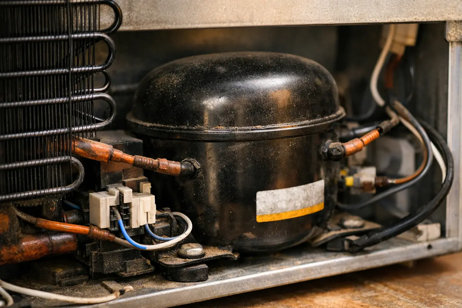 close-up of refrigerator compressor with coils and wiring visible