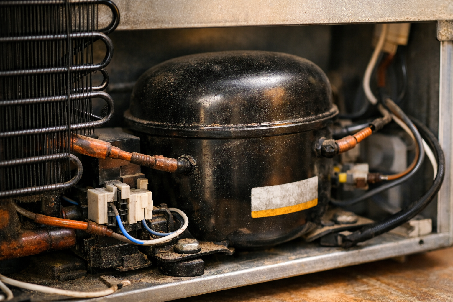 close-up of refrigerator compressor with coils and wiring visible