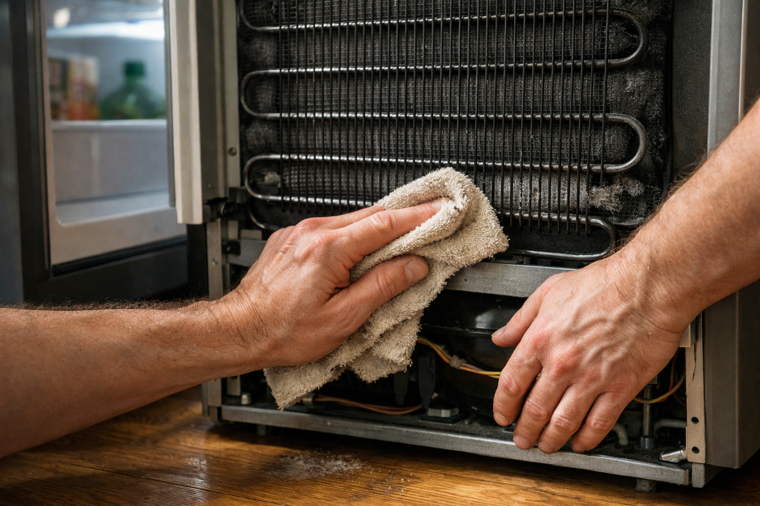 hands cleaning refrigerator condenser coils for maintenance at home