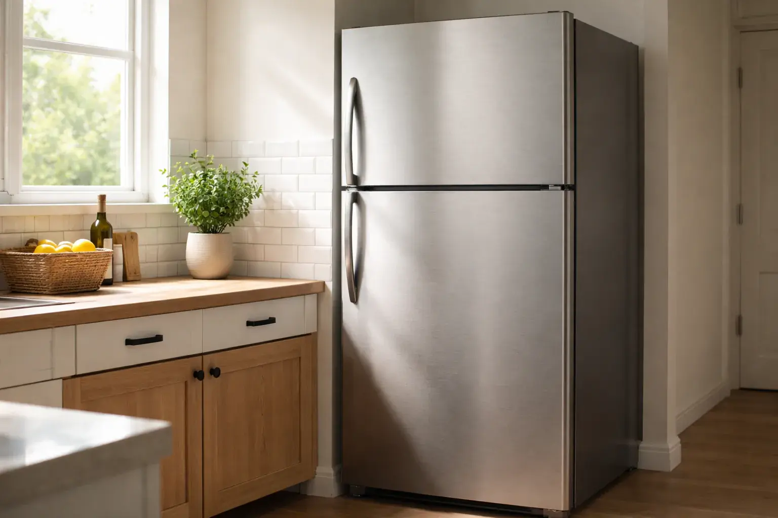 modern refrigerator in kitchen with warm sunlight and realistic home setting