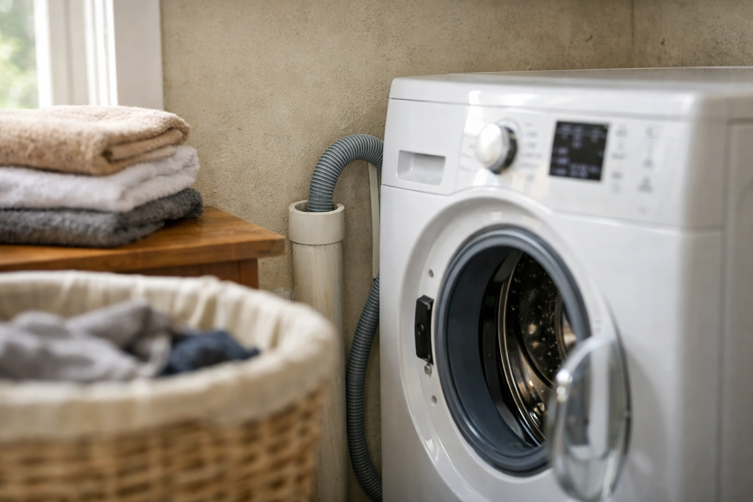 washing machine drain hose entering standpipe in laundry room