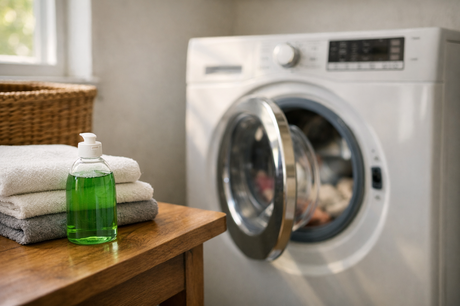 laundry room with washing machine and dish soap on countertop