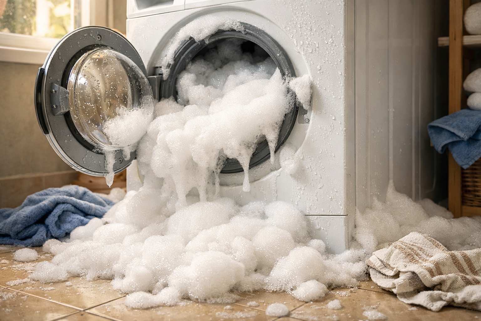 washing machine overflowing with foam from dish soap