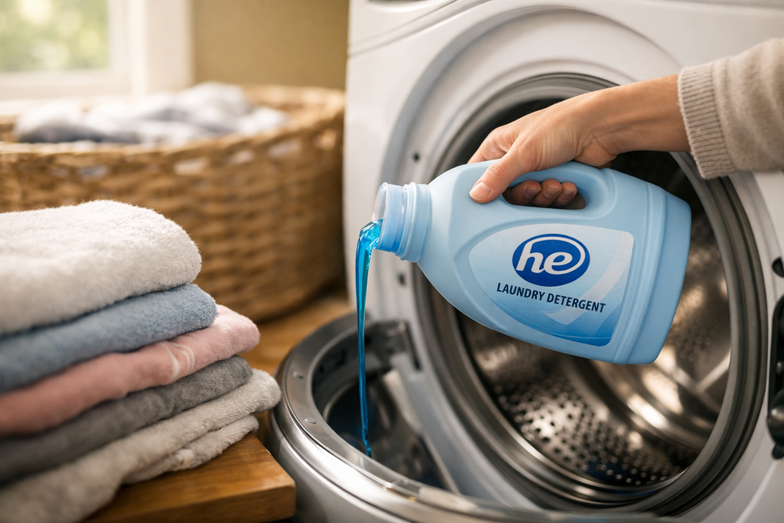 pouring HE laundry detergent into washing machine drum