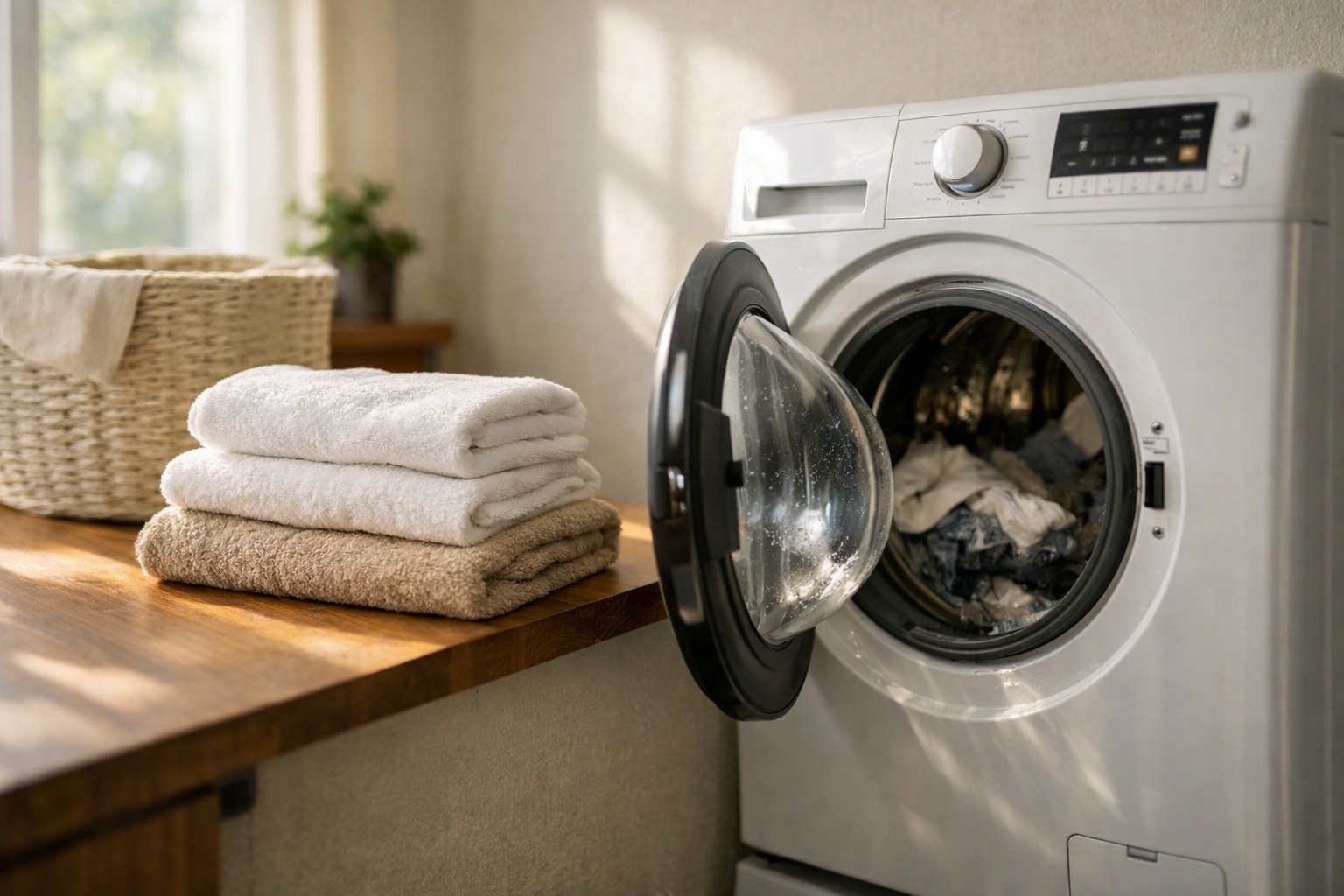 front-loading washing machine in modern laundry room with natural light