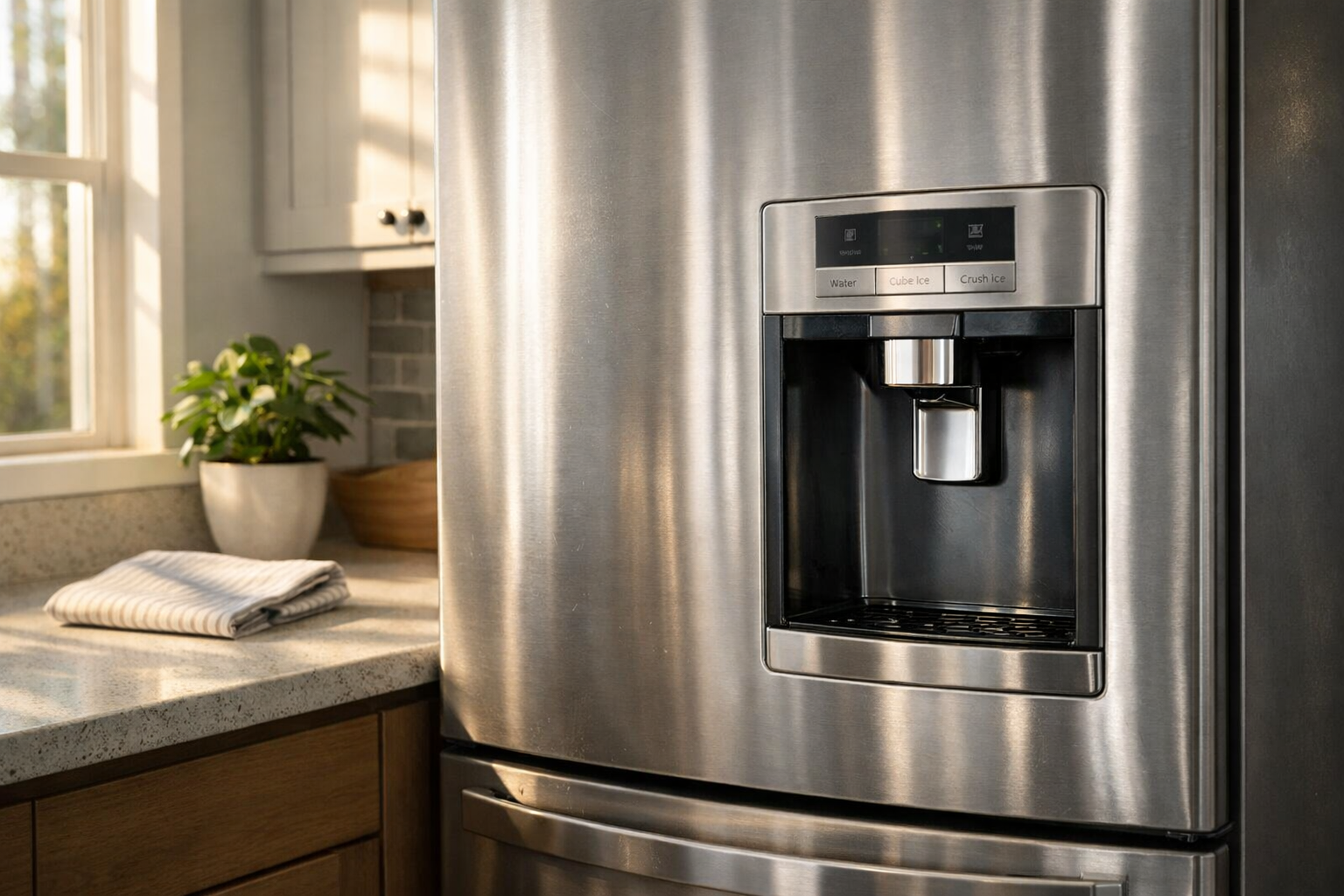 modern refrigerator with water dispenser in warm, realistic kitchen setting
