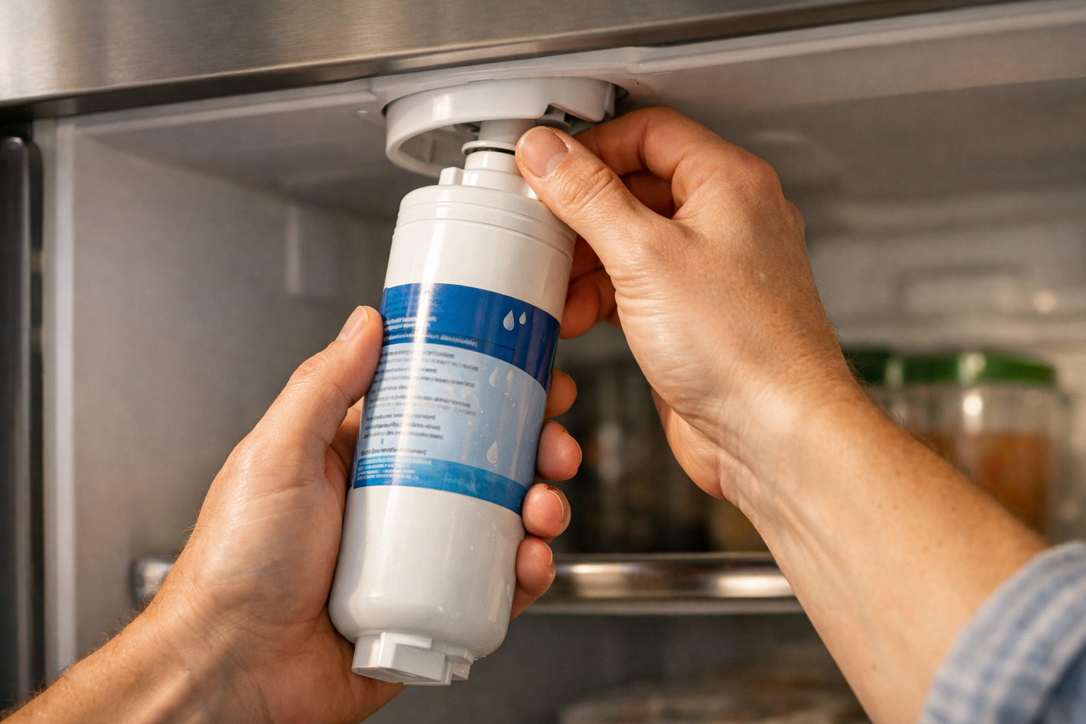 hands removing refrigerator water filter for inspection and replacement