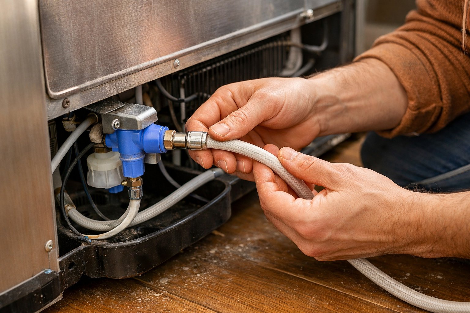 homeowner inspecting refrigerator water line for blockages and leaks