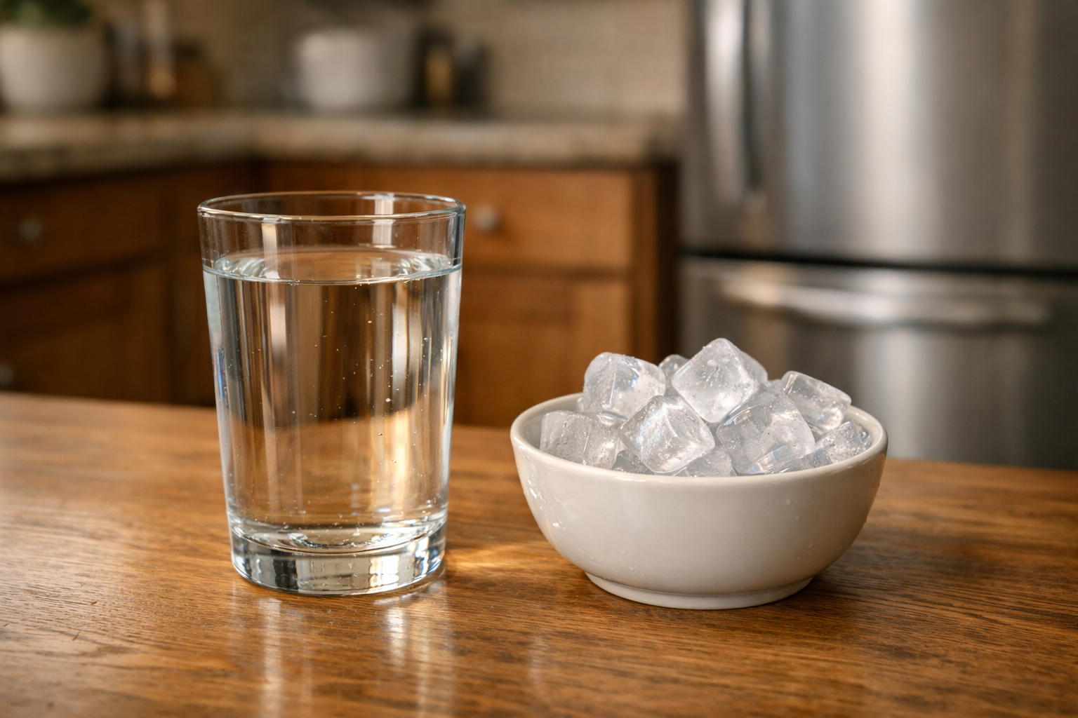 Clear drinking water and ice made from refrigerator filtered water