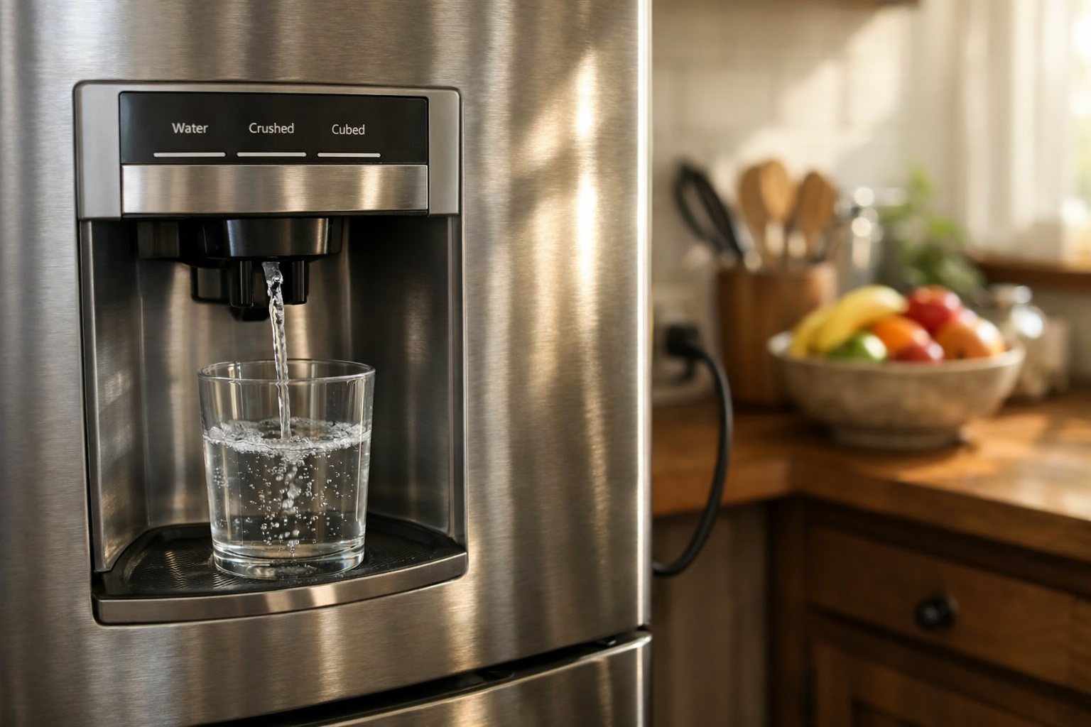 Modern refrigerator dispensing water in a bright, lived-in kitchen scene