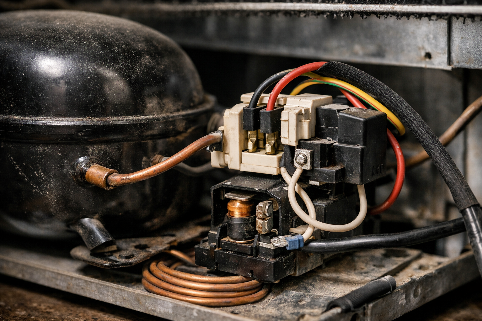 Refrigerator compressor and wiring showing real-life startup electrical components