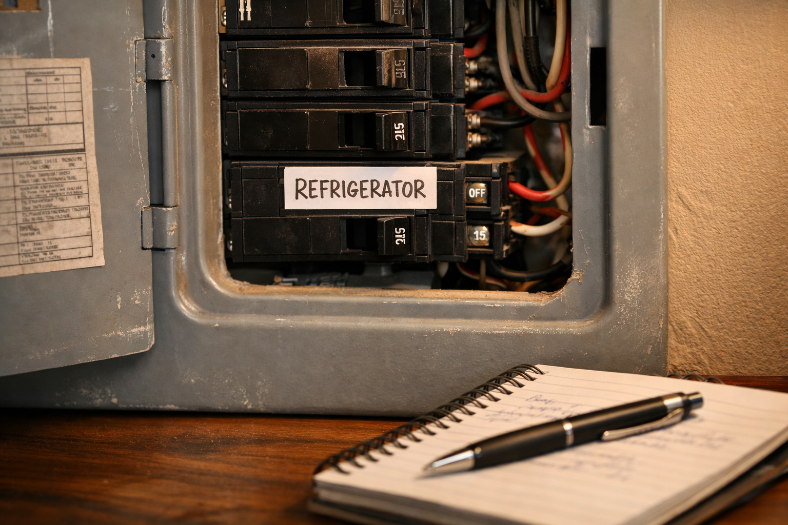 Home circuit breaker panel with fridge breaker highlighted for electrical safety