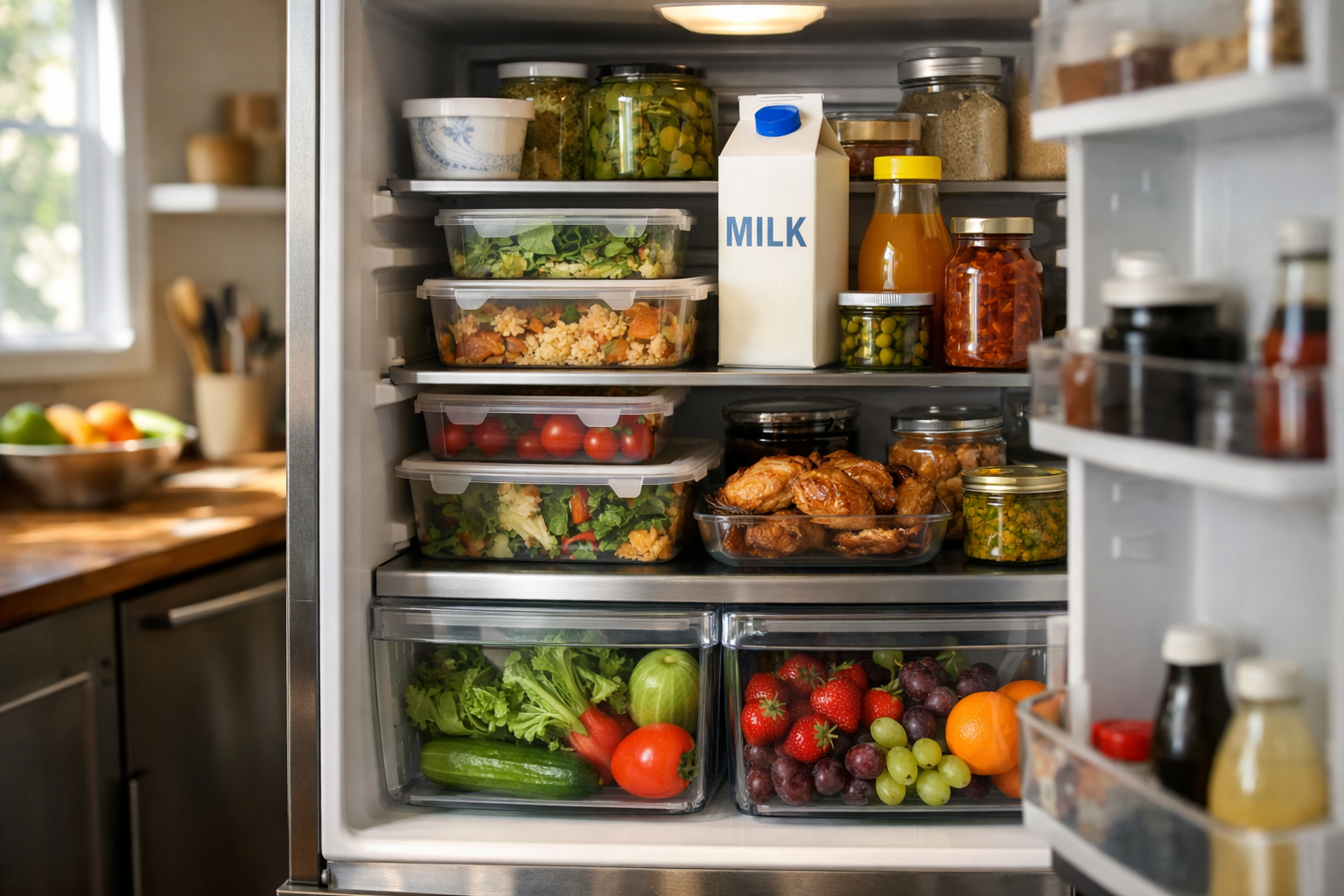 Open refrigerator with organized food showing fresh storage practices