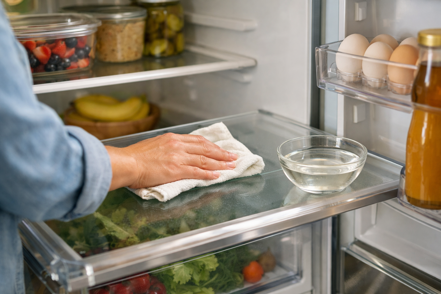 Person cleaning refrigerator shelf with vinegar to prevent mold growth