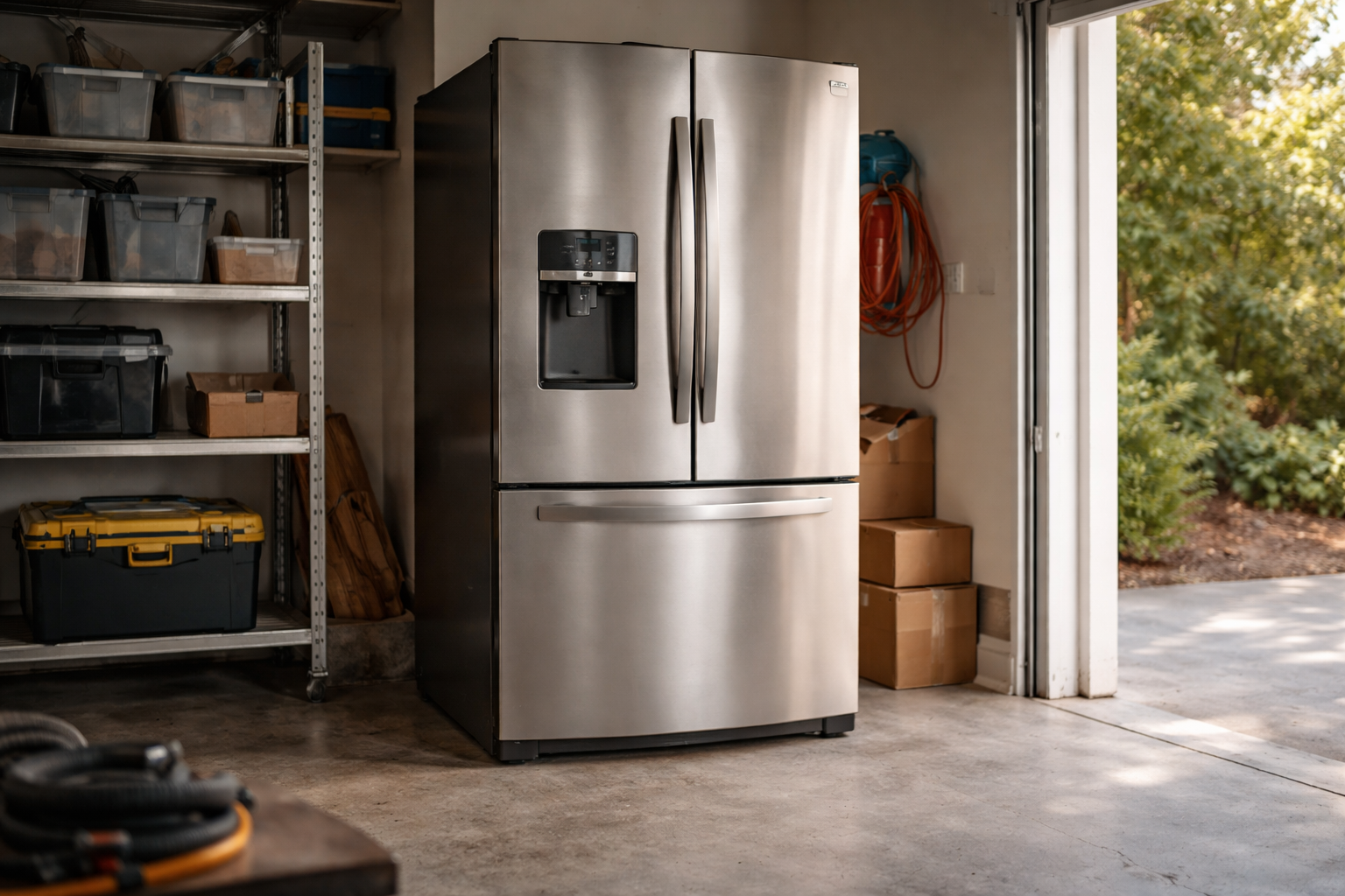 Refrigerator placed inside a residential garage with natural daylight