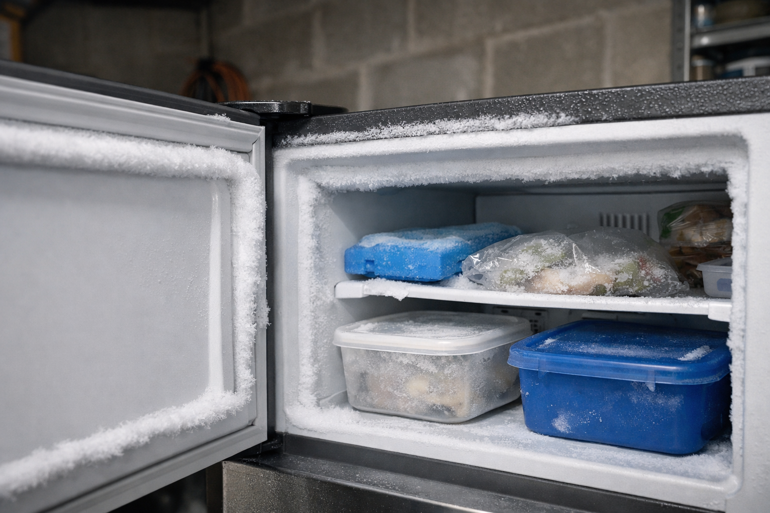 Freezer inside garage showing frost buildup during cold weather