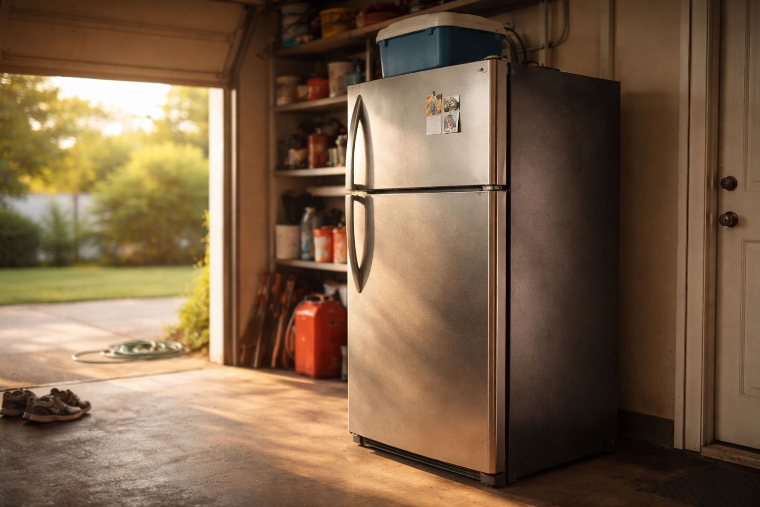 Garage refrigerator positioned for airflow during warm summer conditions