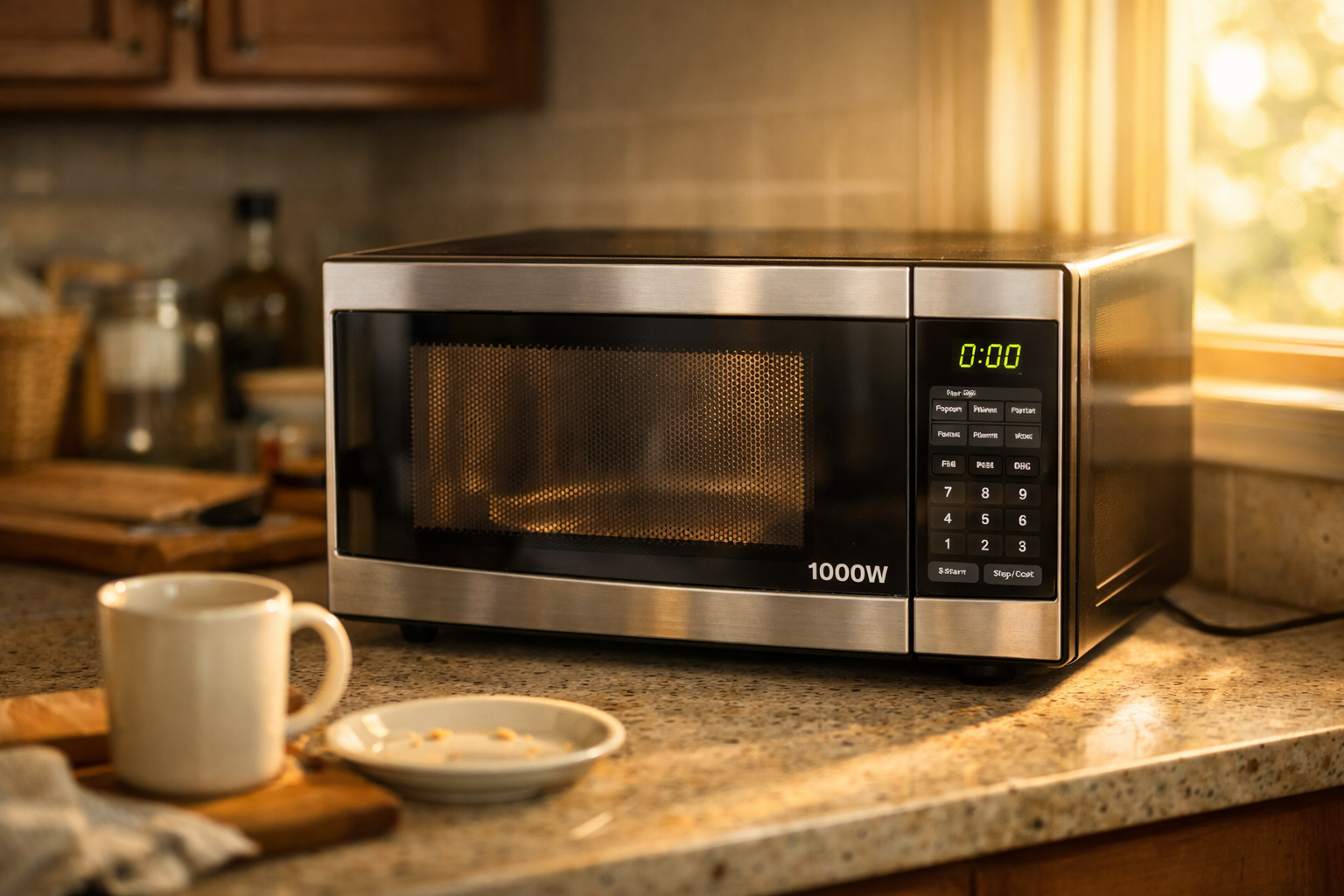 1000 watt microwave on kitchen countertop with morning sunlight
