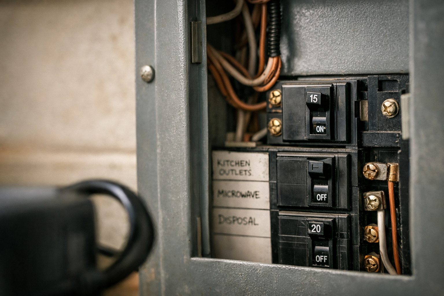 Open kitchen electrical panel showing 15-amp breaker and wiring