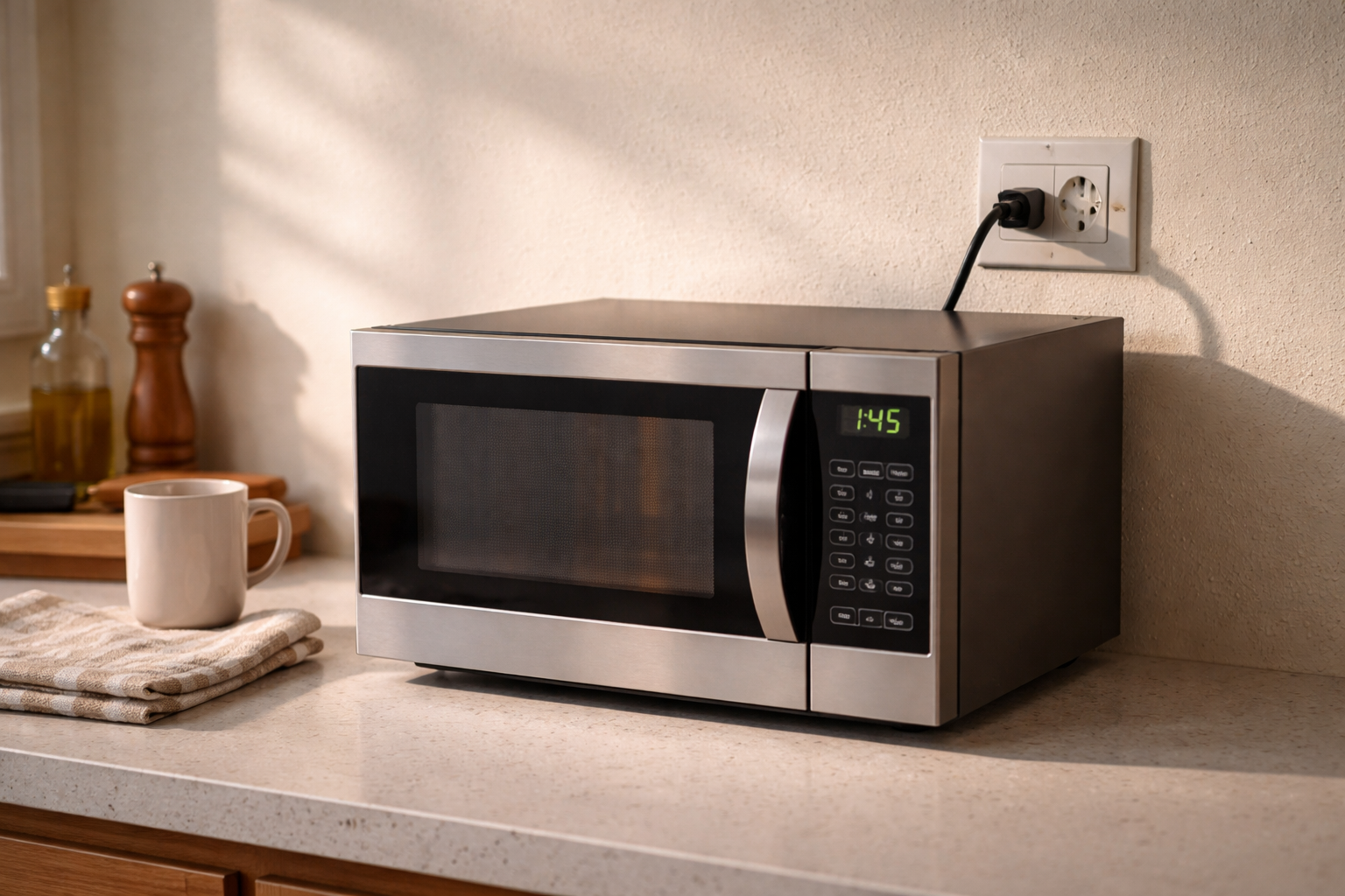 Microwave plugged into dedicated kitchen outlet for safe operation