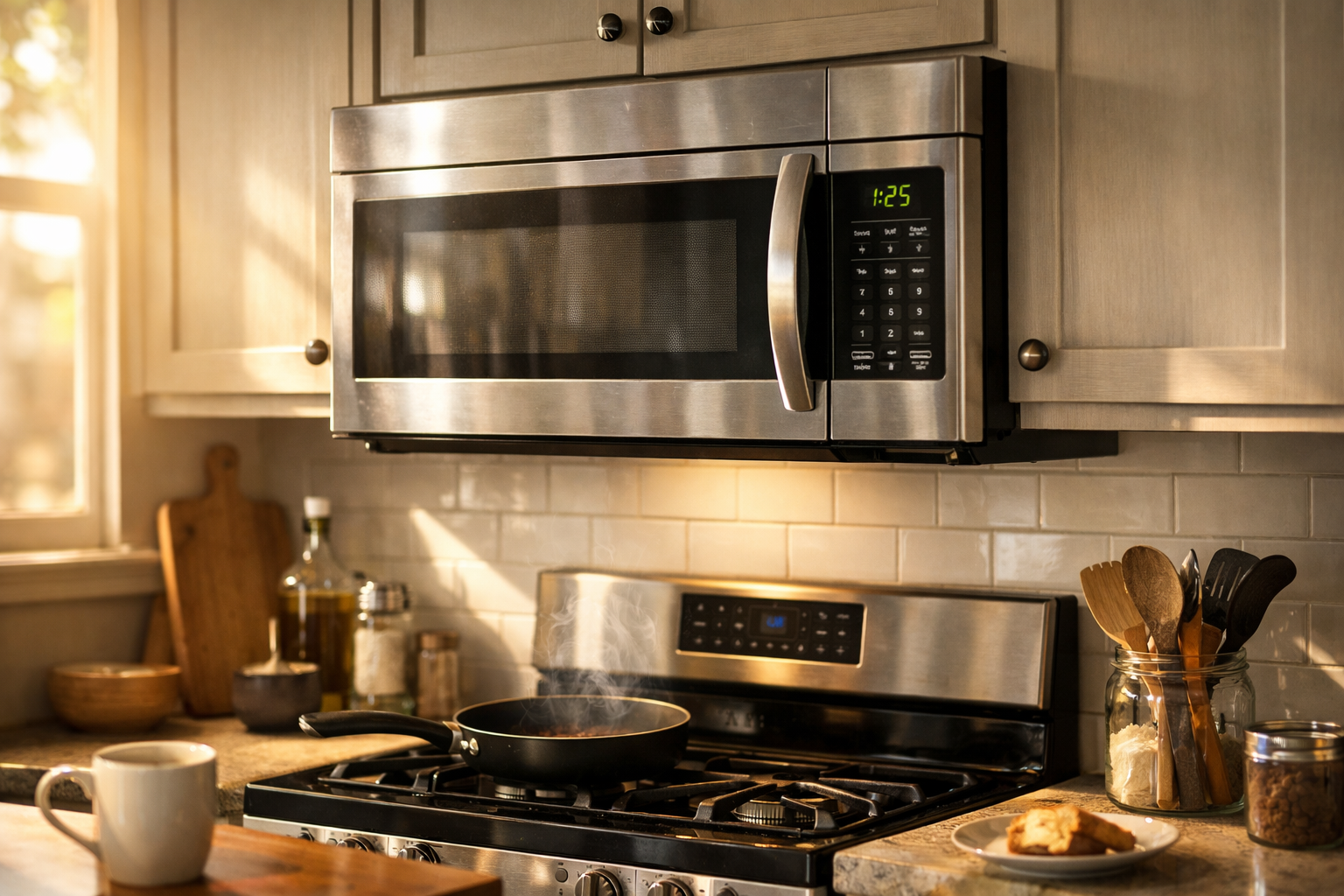 Over-the-range microwave mounted above stovetop in real kitchen