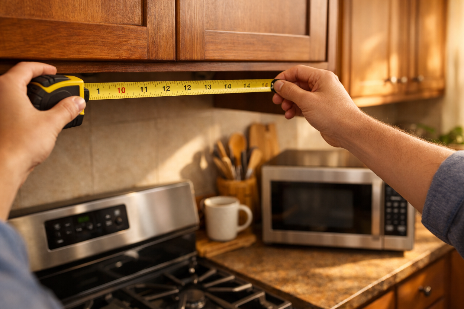 Measuring space above stovetop for over-the-range microwave installation
