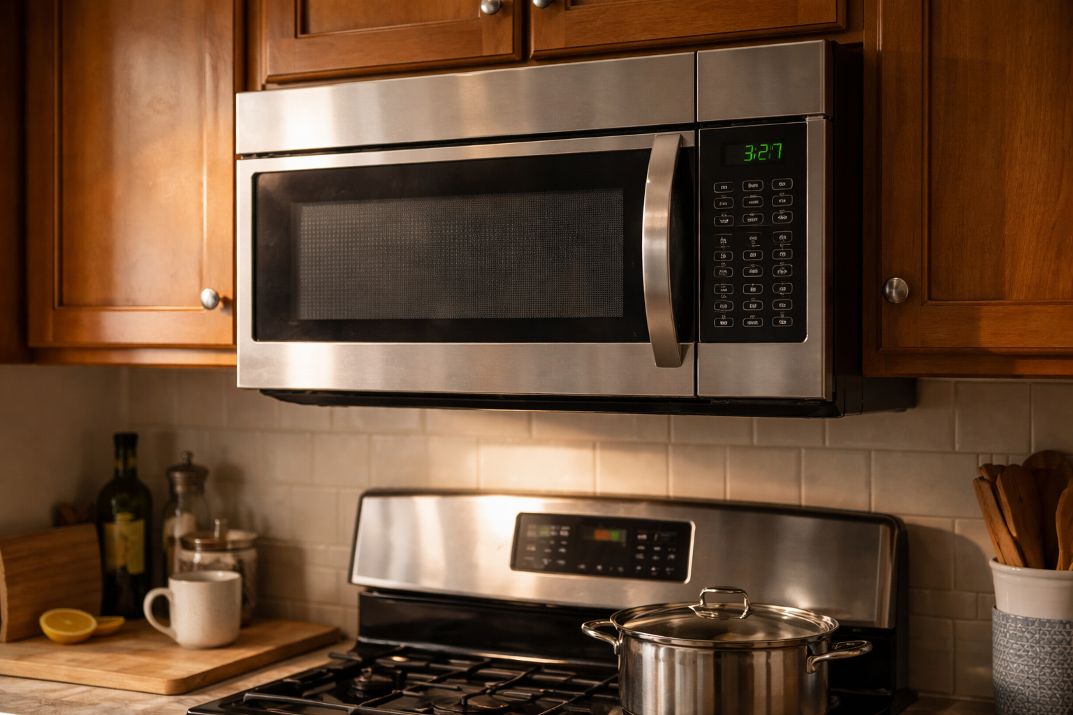 Over-the-range microwave installed above stove in real kitchen