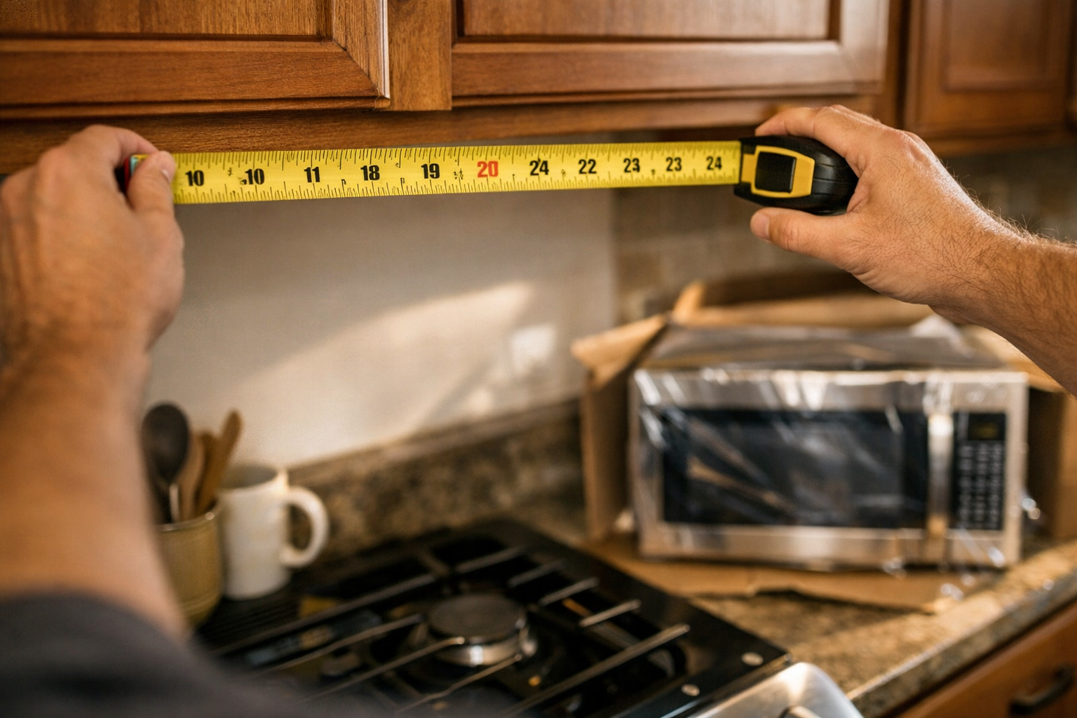 Measuring kitchen space for over-the-range microwave installation
