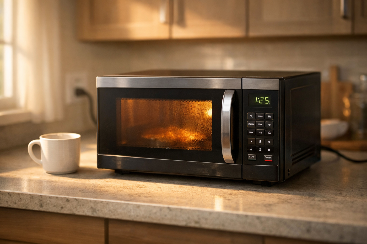 Microwave operating on kitchen countertop in natural lighting