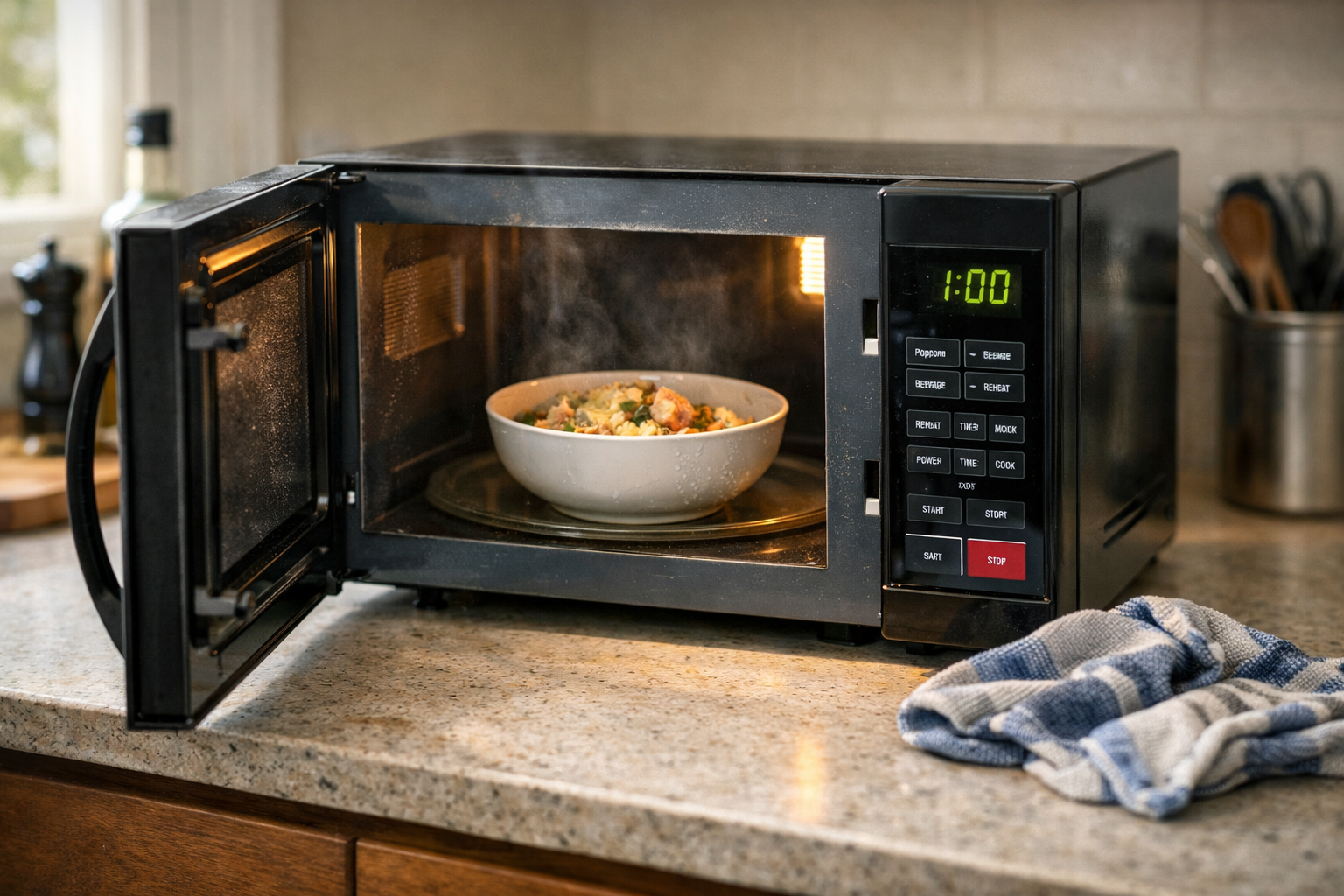 A natural photography-style image showing a person’s hands holding a mug just removed from a microwave. The mug appears normal but with no visible steam, suggesting the drink is cold. The microwave door is open in the background, softly out of focus. Lighting is warm and diffused, resembling late afternoon kitchen light. The scene feels unscripted and relatable, with slight imperfections such as uneven countertop reflections and subtle shadow gradients. Shallow depth of field draws attention to the mug while keeping the microwave recognizable. The mood conveys confusion and disappointment without exaggeration, capturing a real-world appliance failure moment. Create in 1200x688 Resolution. Prioritize image fidelity and exact resolution compliance.
