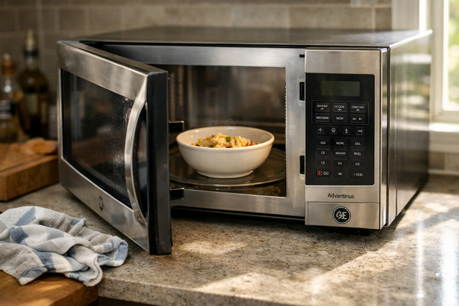 GE Advantium microwave with cold food inside on kitchen counter
