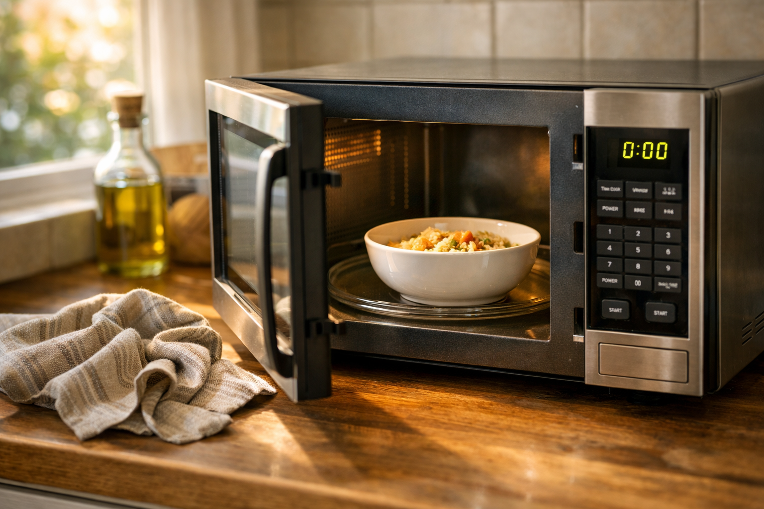 Microwave with untouched food inside on modern kitchen counter